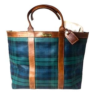 RALPH LAUREN BlackWatch Plaid Oversized Top Zip
Coated Canvas Brown Leather Bag